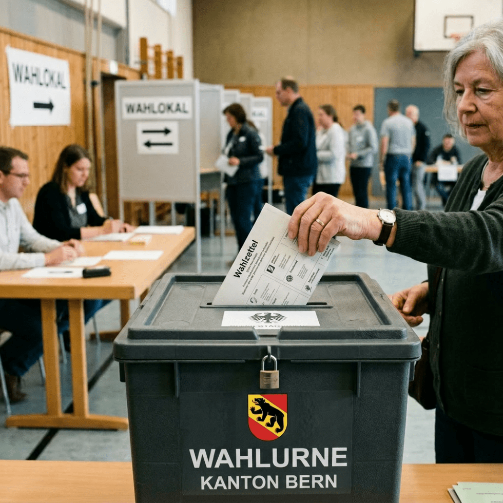A woman placing a ballot paper into a German Bundestag election ballot box at a polling station.