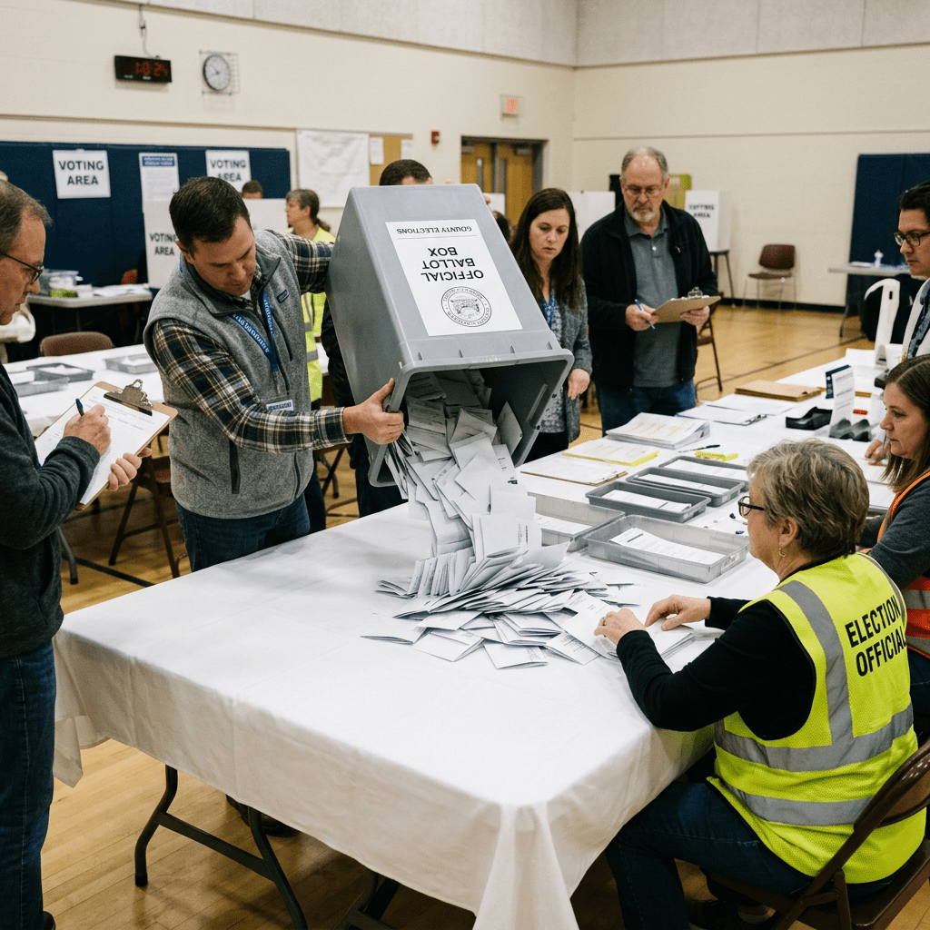 Election officials empty and count ballots from an official ballot box on a table